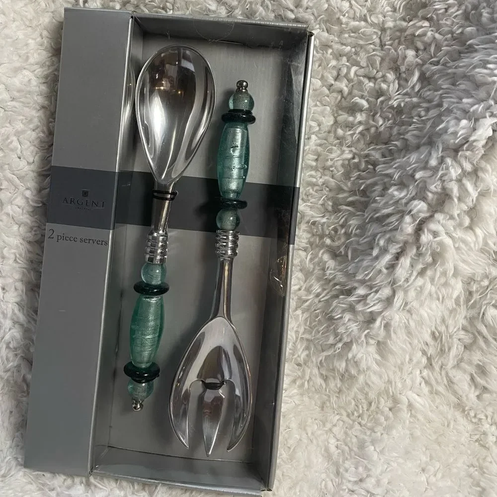 NIB Argent Orfevres Stainless Steel Ornate Plastic Handle two piece Servers